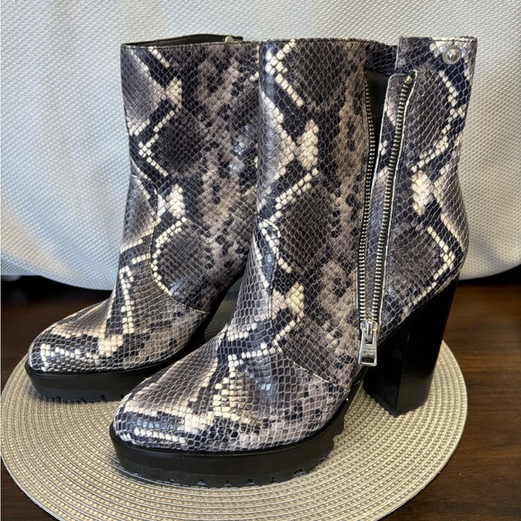 All Saints Shoes - NWOT Allsaints snake embossed lug sole platform ankle boot size 41, gray/black